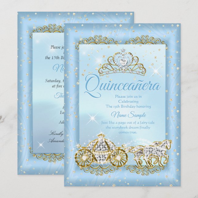 Quinceanera Cinderella Blue fairytale Carriage Invitation (Front/Back)