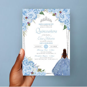 Quinceanera Cinderella Princess Blue Rose Birthday Invitation