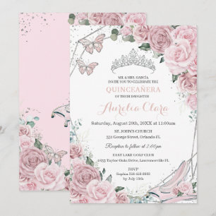 Quinceañera Cinderella Princess Dusty Pink Floral Invitation
