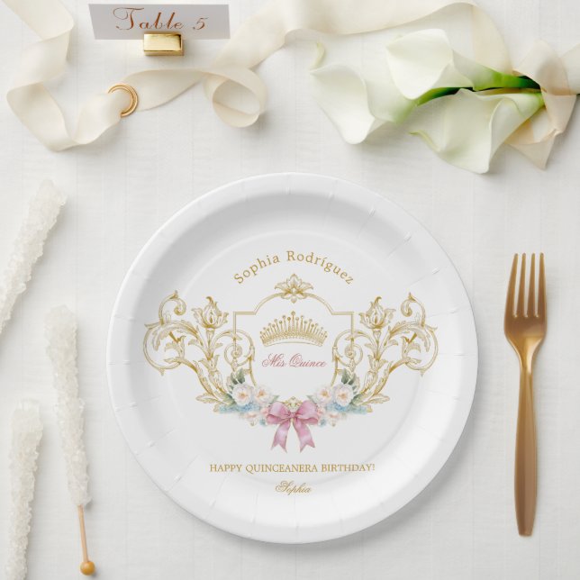 Quinceanera Classy Crown Vintage Frame Custom Paper Plate (Wedding)