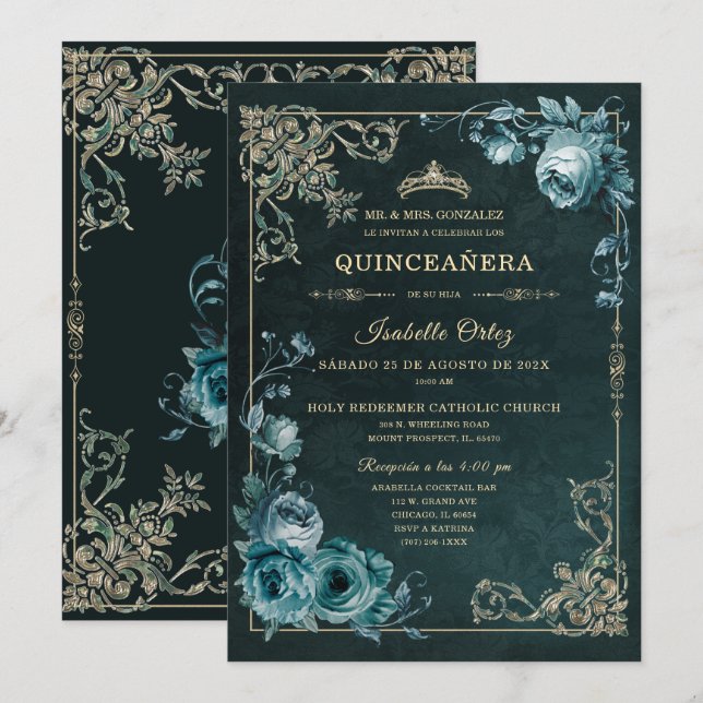 Quinceañera Colour Esmeralda y oro Invitation (Front/Back)