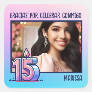 Quinceañera Con Foto Y Nombre Rosa Azul Morado Square Sticker