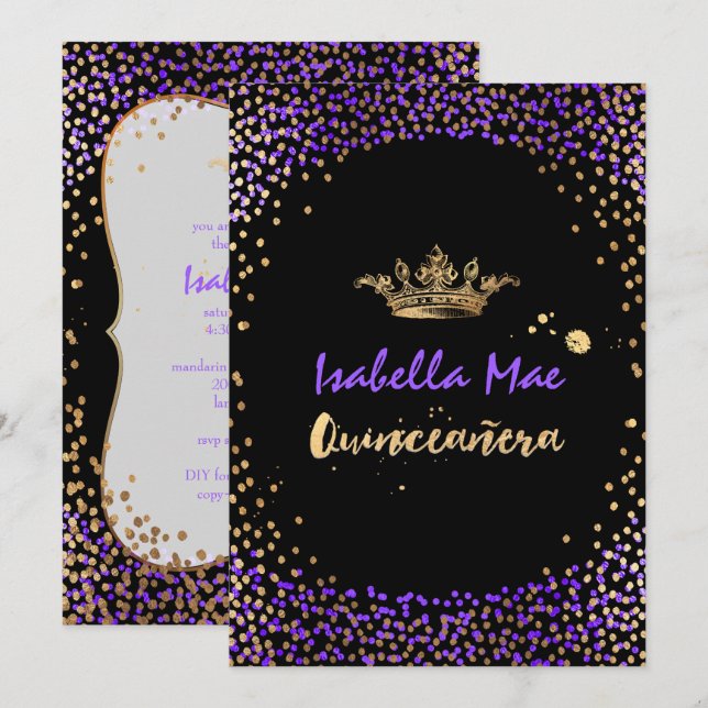 Quinceanera/Confetti/Neon Purple/Princess/Crown Invitation (Front/Back)