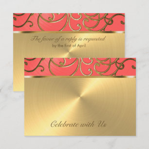 Quinceanera Coral Pink and Gold Filigree Swirls RSVP Card
