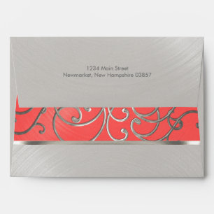 Quinceanera Coral Pink and Silver Filigree Swirls Envelope