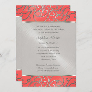 Quinceanera Coral Pink and Silver Filigree Swirls Invitation