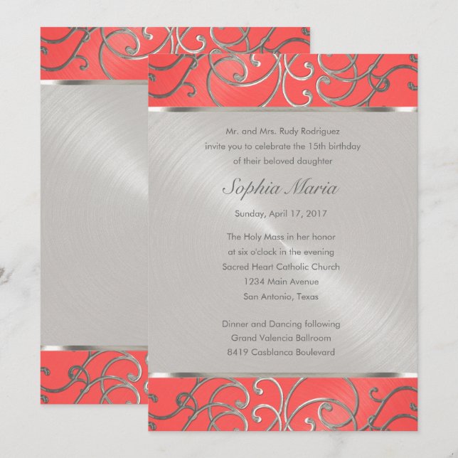 Quinceanera Coral Pink and Silver Filigree Swirls Invitation (Front/Back)