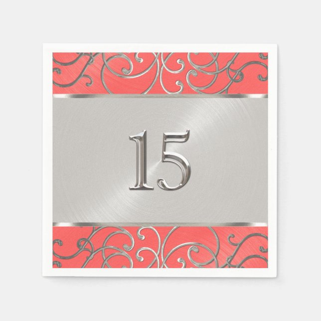 Quinceanera Coral Pink and Silver Filigree Swirls Napkin (Front)