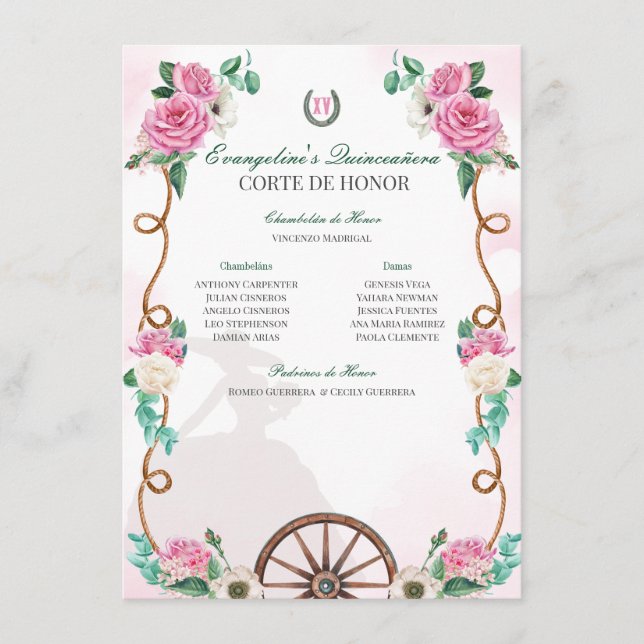 Quinceanera Corte de Honour Pink Rose Emerald Gree Enclosure Card (Front)