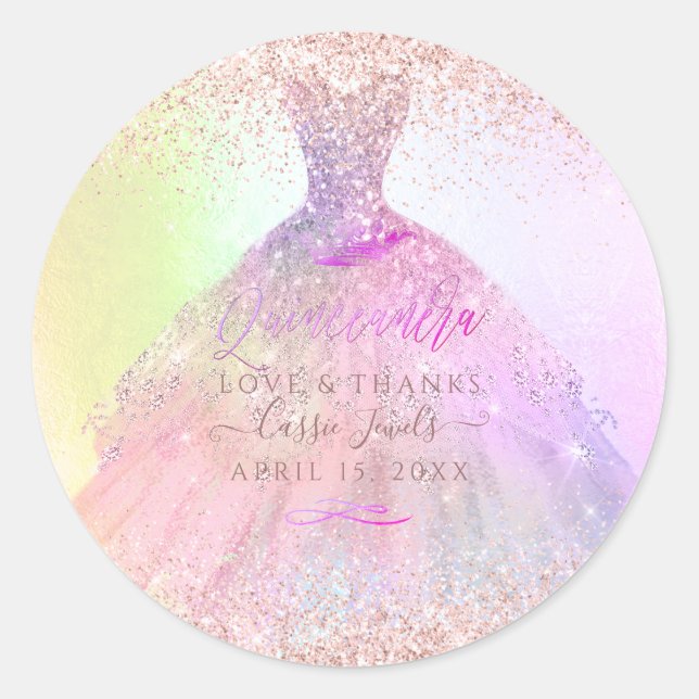 Quinceañera ,  Cotton Candy Sparkle Gown Classic Round Sticker (Front)