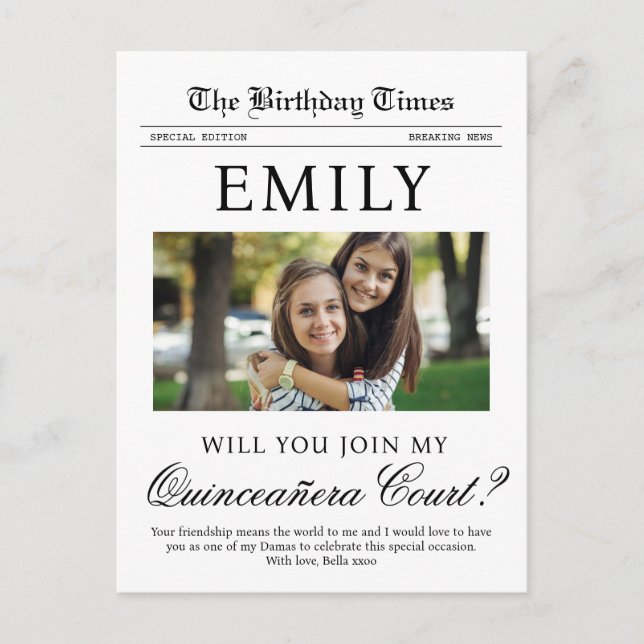 Quinceañera Court Proposal Newspaper Postcard (Front)