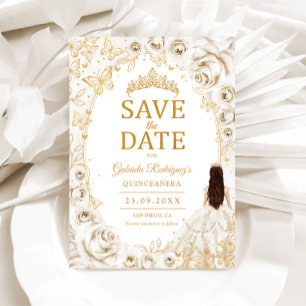 Quinceanera Cream Gold Floral Save The Date