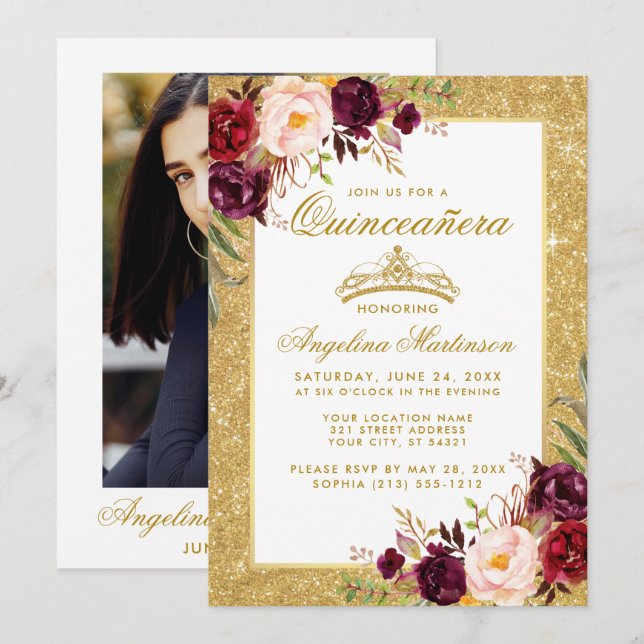 Quinceanera Crown Burgundy Floral Glitter Photo Invitation (Front/Back)