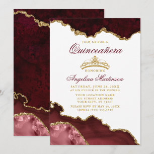 Quinceanera Crown Burgundy Gold Marble Invitation