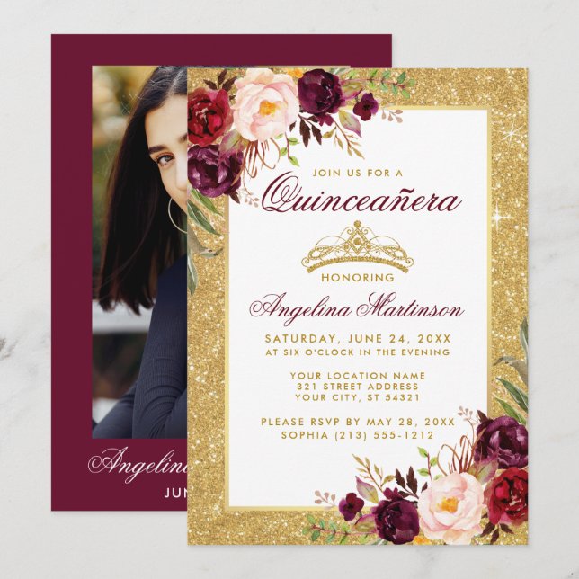 Quinceanera Crown Floral Burgundy Glitter Photo Invitation (Front/Back)