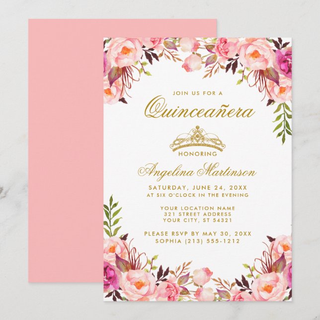 Quinceanera Crown Pink Blush Floral Gold Invitation (Front/Back)