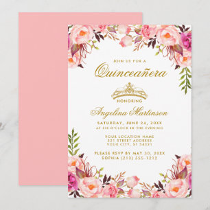 Quinceanera Crown Pink Blush Floral Gold Invitation