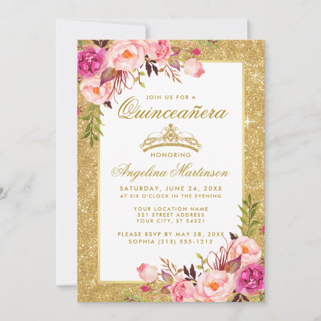 Quinceanera Crown Pink Floral Gold Glitter Invitation (Front)