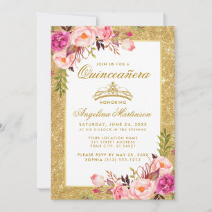 Quinceanera Crown Pink Floral Gold Glitter Invitation