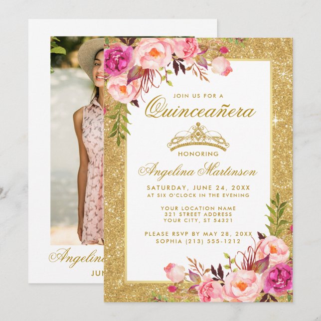 Quinceanera Crown Pink Floral Gold Glitter Photo Invitation (Front/Back)
