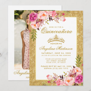 Quinceanera Crown Pink Floral Gold Glitter Photo Invitation