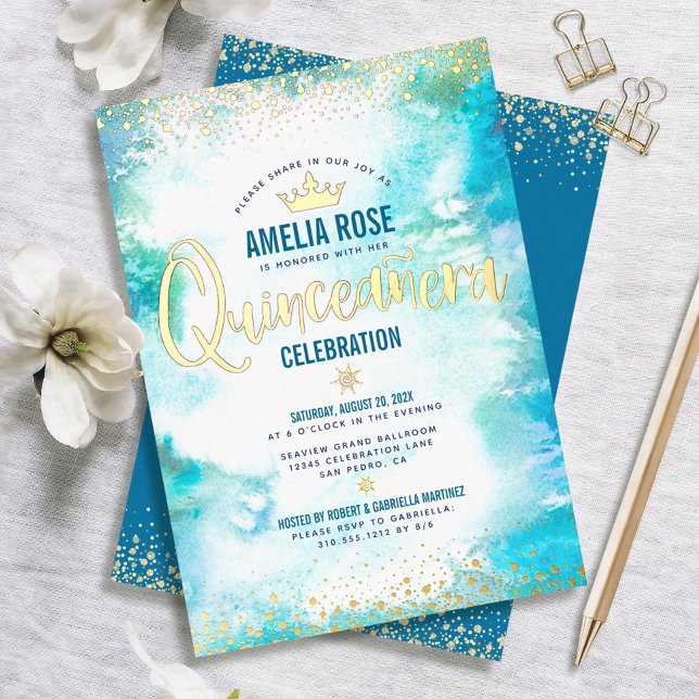 Quinceañera Crown Turquoise Watercolor Real Gold (Creator Uploaded)