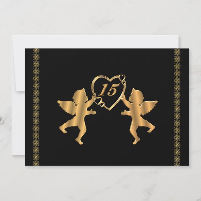 Quinceanera cupids for 15th Birthday on black Invitation (Front)