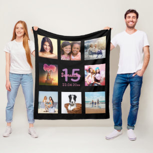Quinceanera custom photo collage black name fleece blanket