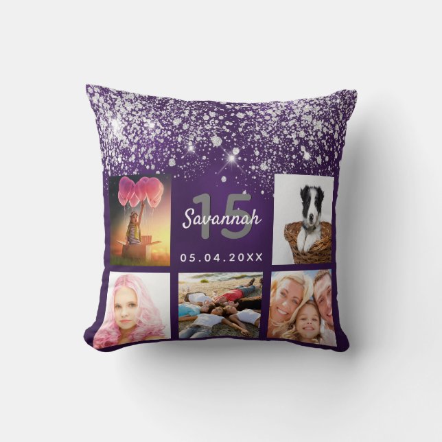 Quinceanera custom photo purple silver glitter cushion (Front)