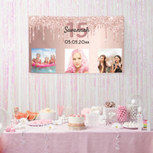 Quinceanera custom photo rose gold pink glitter banner