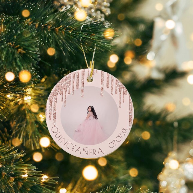 Quinceanera custom photo rose gold pink glitter ceramic tree decoration (Creator Uploaded)