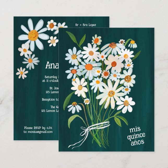 Quinceañera Cute Daisy Bouquet Handpainted Custom Invitation (Front/Back)