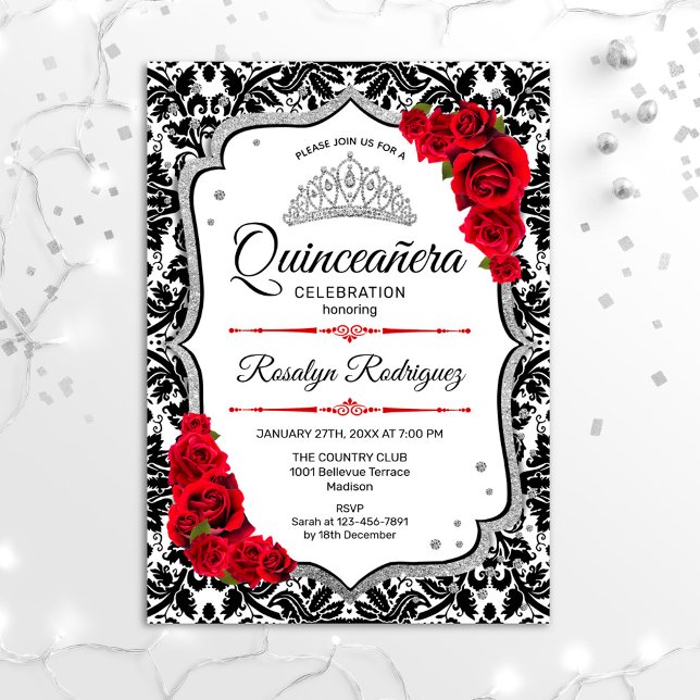 Quinceanera - Damask Red Silver Invitation (Creator Uploaded)