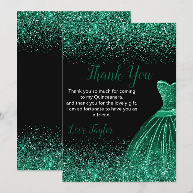 Quinceanera Dark Green Dress Faux Glitter Thank You Card (Front/Back)