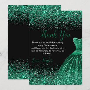 Quinceanera Dark Green Dress Faux Glitter Thank You Card