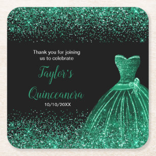 Quinceanera Dark Green Faux Glitter Square Paper Coaster