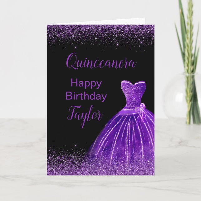 Quinceanera Dark Purple Dress Faux Glitter Card (Front)