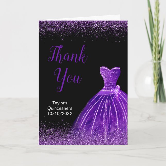 Quinceanera Dark Purple Dress Faux Glitter Thank You Card (Front)