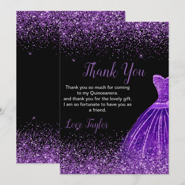 Quinceanera Dark Purple Dress Faux Glitter Thank You Card (Front/Back)