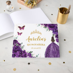 QUINCEAÑERA Dark Purple Floral Princess Butterfly  Guest Book