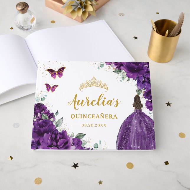QUINCEAÑERA Dark Purple Floral Princess Butterfly  Guest Book (Front Open)