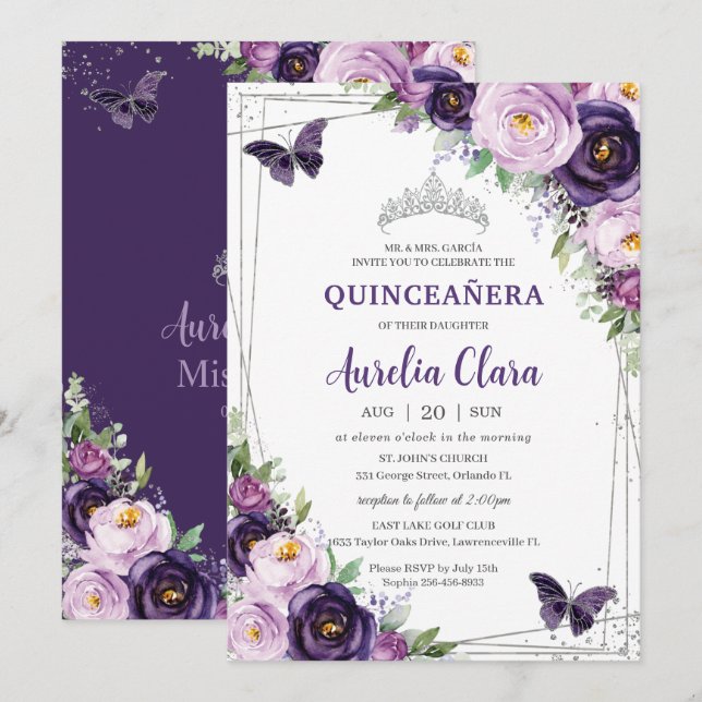 Quinceañera Dark Purple Lilac Floral Butterflies  Invitation (Front/Back)