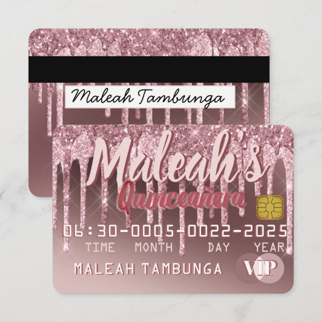 Quinceañera Dark Rose Gold & Pink Glitter Drip Invitation (Front/Back)