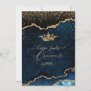 Quinceanera Dark Teal Agate Faux Gold Confetti Invitation