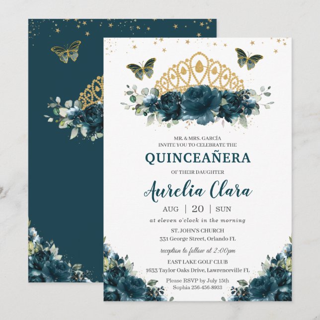 Quinceañera Dark Teal Floral Butterflies Crown Invitation (Front/Back)
