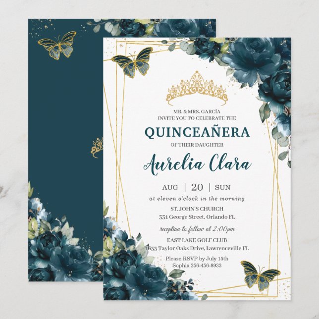 Quinceañera Dark Teal Peacock Floral Butterflies Invitation (Front/Back)