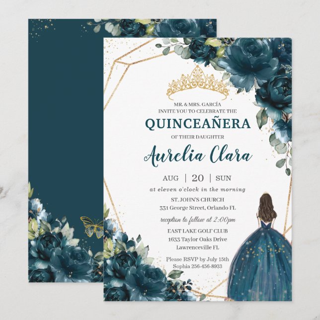 Quinceañera Dark Teal Peacock Floral Princess  Invitation (Front/Back)
