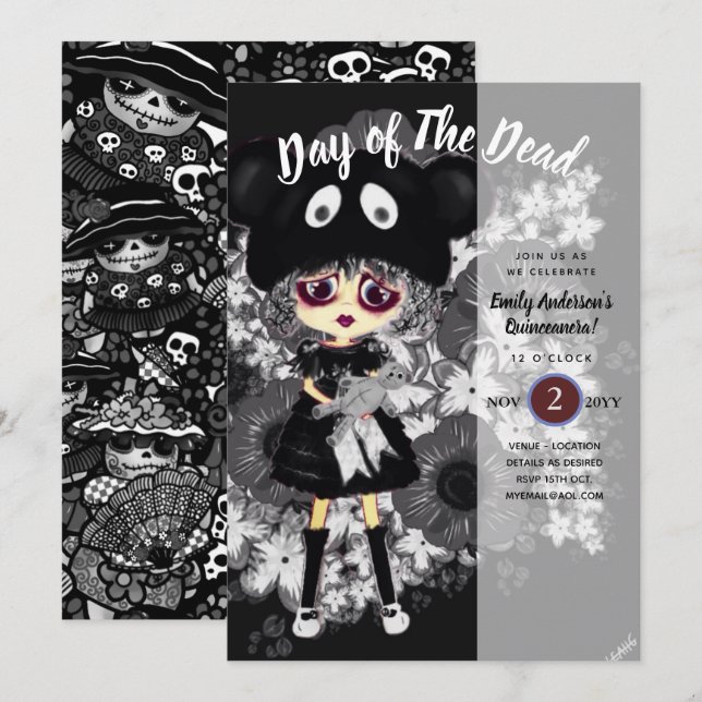 Quinceanera Day of The Dead GOTH Girl Sugar Skulls Invitation (Front/Back)