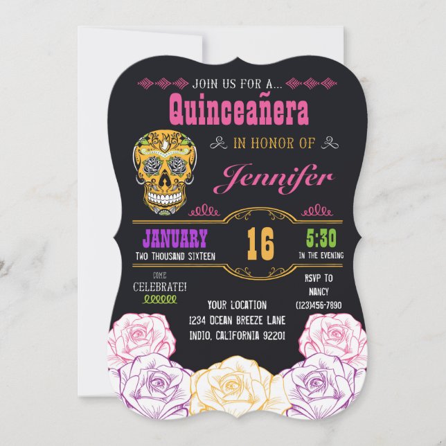 Quinceañera Day of the Dead Sugar Skull Invitation (Front)