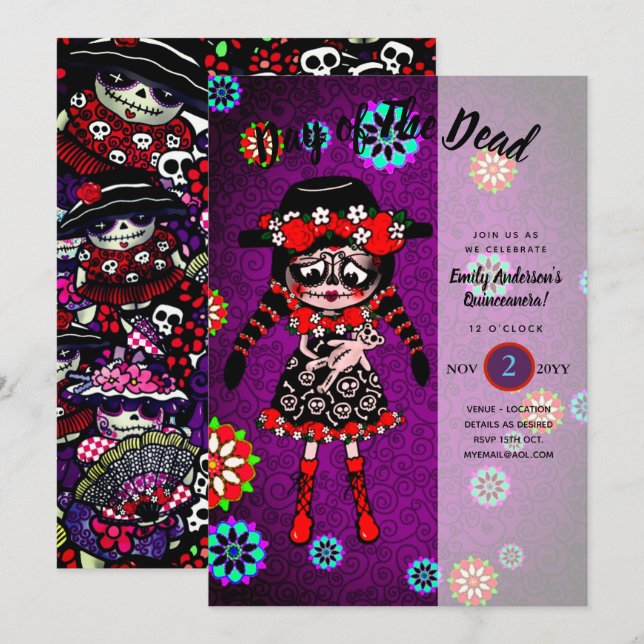 Quinceanera Day of The Dead Sugar Skulls Invitation (Front/Back)